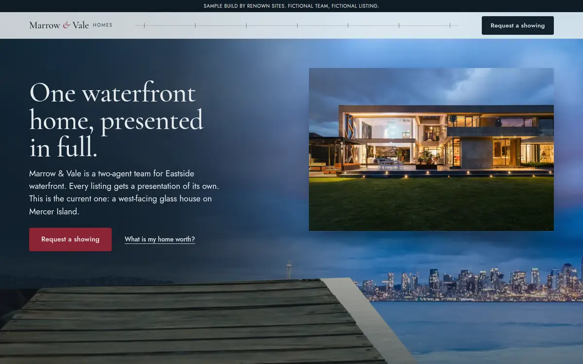 Marrow and Vale sample site: a waterfront home at dusk with a request a showing button