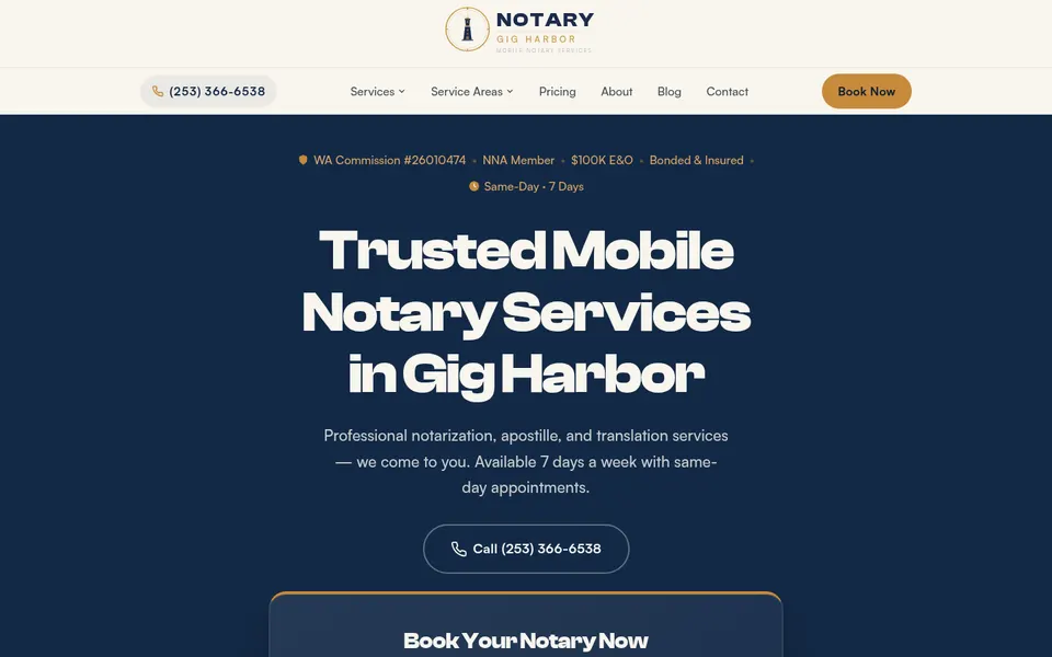 Notary Gig Harbor client site on a phone